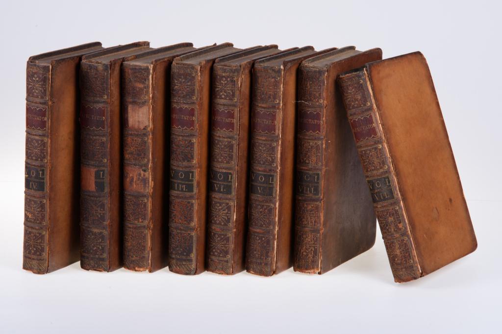 "The Spectator" in Eight Volumes: Published in London in 1766 and with some engravings. Leather bound. Fair to good condition. Flaking spines. From the Tucker, Harrison, Smith Collection of Eleanor Forsyth. All sales are subject to Br