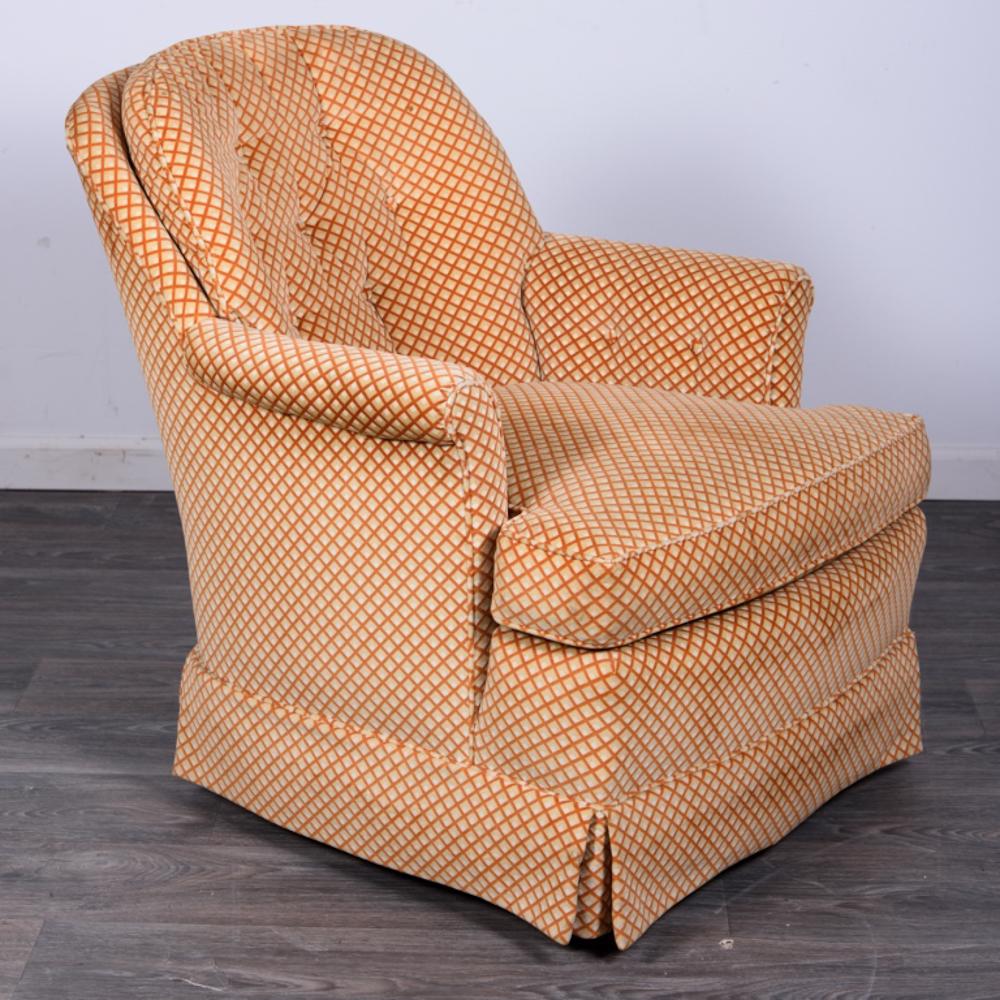 Henredon Swivel Rocker: Upholstered in velour lattice with a button tufted back. All sales are subject to Bremo Auctions Terms & Conditions. Please review before bidding.
