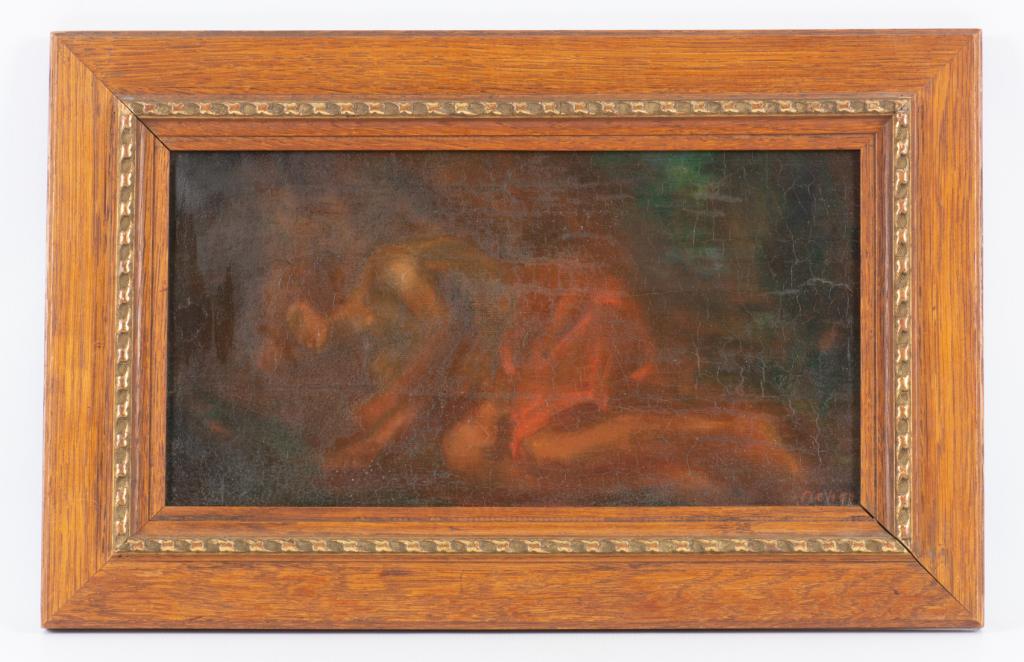 Dirk Ocker Oil on Canvas Painting: Reclining Nude impressionist / expressionist. Signed lower right D. Ocker (Dirk Ocker, 1882-1958, Netherlands). Framed. Measures 13-1/4" in height by 20-1/2" in width with the stretcher measuring 8-1/