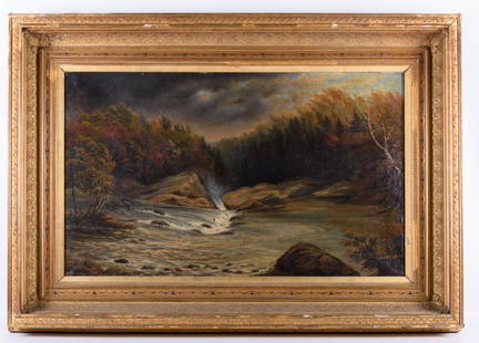 Harrison Oil on Canvas Landscape: Oil on canvas landscape signed to the lower left Harrison, 1875, possibly Thomas Alexander Harrison (California, New York, Pennsylvania, France, 1853-1930). Heavy gold frame. One hole to the canvas. M