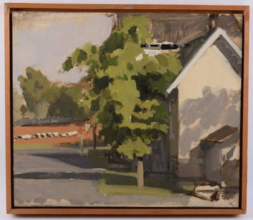 Philip Geiger Oil and Masonite Painting: Charlottesville urban landscape. Signed lower tight PG (Philip Geiger, b. 1956, Colorado, Virginia, Florida). Marked to the back "Painted in 1987, Winter Mat Varnish 1991". Framed. Sight measures appr