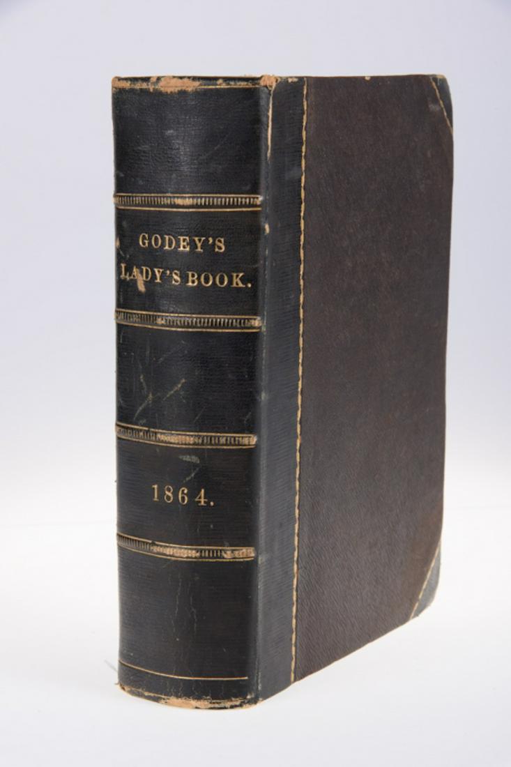 1864 Volume of Godey: From the Tucker, Harrison, Smith Collection of Eleanor Forsyth: Illustrated with hand colored engravings. Bears a book plate for Leslie Hepburn Buckler and a label for William H. Fisk's Book Bindery o