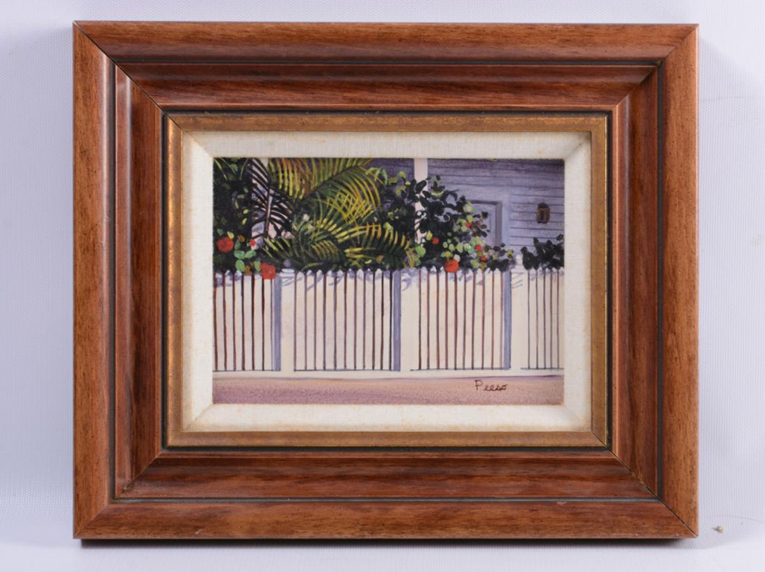 Bruce Peeso Oil on Masonite: Bruce Peeso (Massachusetts, 20th / 21st C) oil on Masonite of a white picket fence and plants. Signed lower right Peeso. Framed. Panel measures approximately 5” in height by 7” in width..A