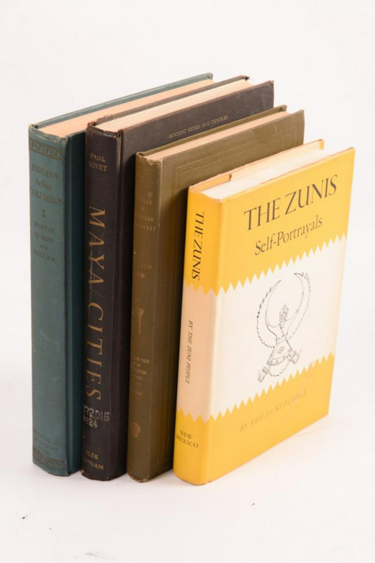 Four Ethnology Volumes:: "Indians Before Columbus" by Quimby and Collier, illustrated; "Maya Cities" by Rivet, illustrated, "Mythe\s and Tales of the Southeastern Indians" by Swanton and " The Zuni People". From the private c