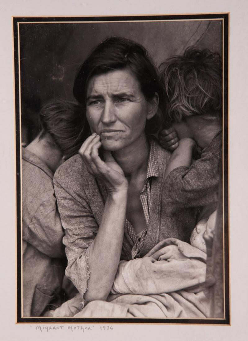 Dorothea Lange Photograph Migrant Mother: "Migrant Mother". Unsigned, a 1960s copy of one of the most iconic photograph in the United States. The original was done in a migrant camp in Nipomo, California in 1936. Dorothea Lange was active and