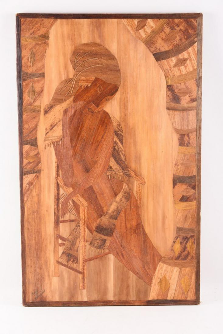 Marquetried Wood Artwork: A picture of a nude woman reclining in chair. Signed lower left Marico Hat., Cap-Haitien (a commune on the north coast of Haiti). Measures approximately 29" in height and 18" in width. All sales are s
