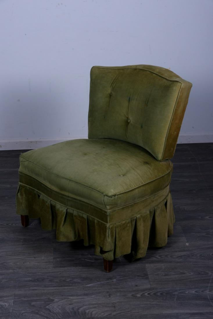 Green Velvet Slipper Chair: Measures approximately 33" high, 29" wide and 26" deep. All sales are subject to Bremo Auctions Terms & Conditions. Please review before bidding.