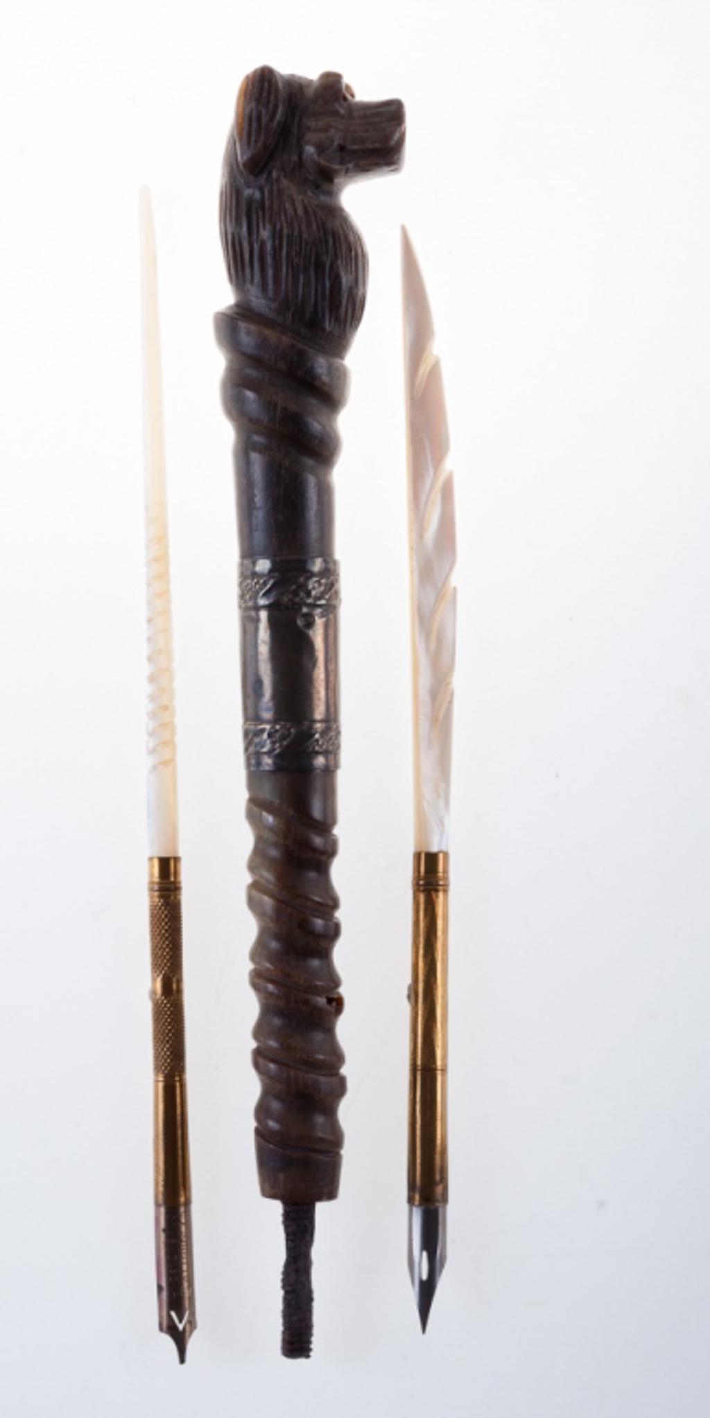 Carved Dog's Head Umbrella Handle & Two Dip Pens (1 of 4)