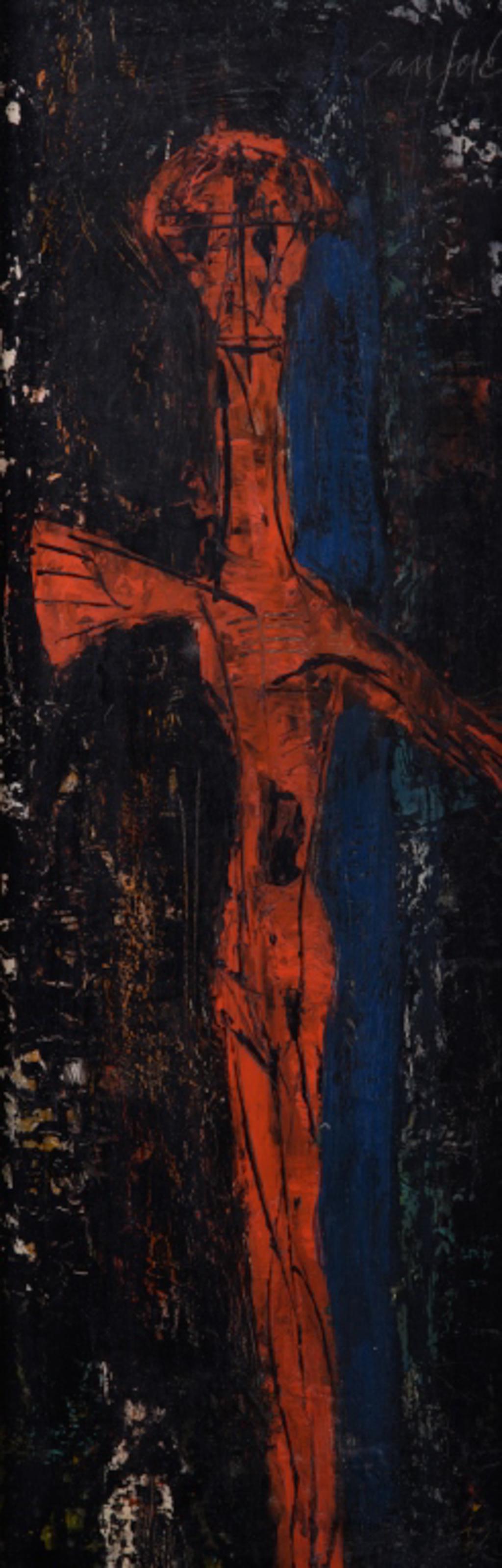 Walter Sanford Oil on Masonite Painting: "Icon (Ikon)". Signed to the upper right and to the back Sanford (Walter Sanford, 1912-1987, New York, Illinois). Original artist framed. Sight image measures approximately 26-1/2" in height and 9" in