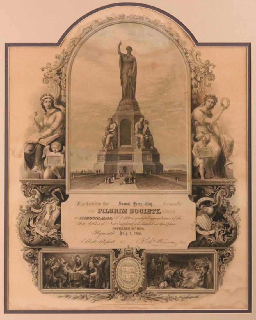 Pilgrim Society Document: Issued to Samuel Perry and dated July 1, 1860. Some toning. Matted and Framed under glass. Frame measures approximately 31-1/4" in height and 27-1/4" in width. All sales are subject to Bremo Auctions 