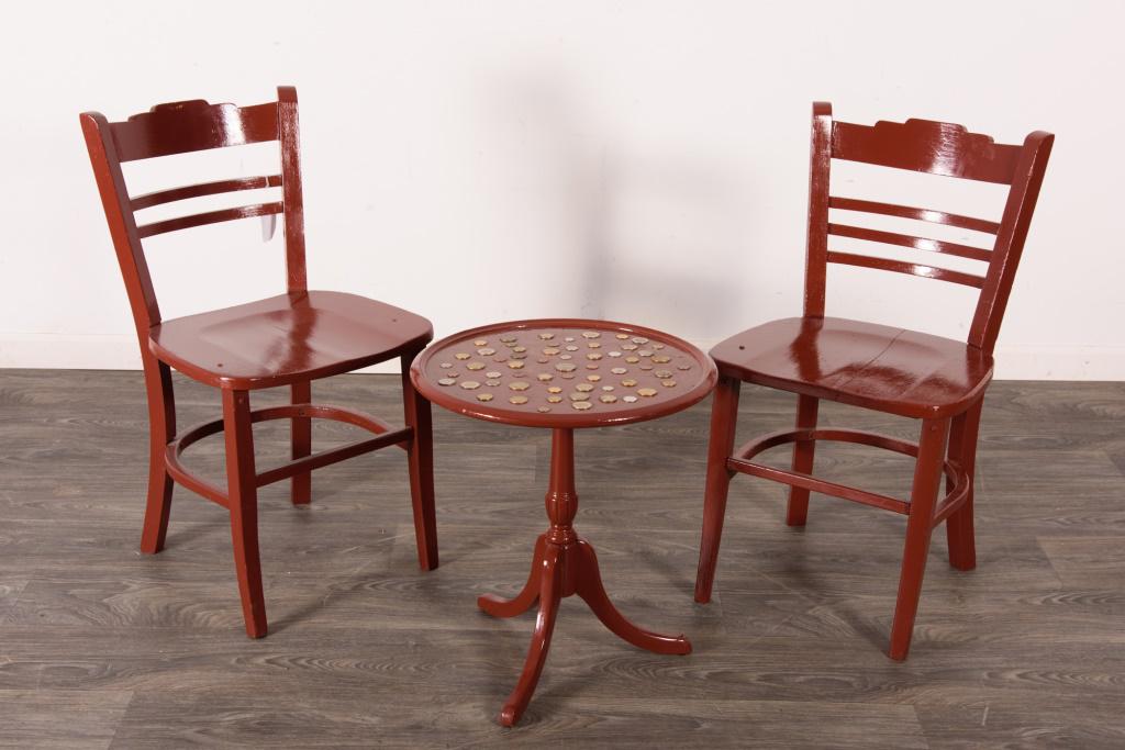 Pair of Red Painted Chairs and Table (1 of 5)