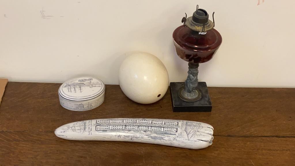 Oil Lamp, Faux Bone Cribbage and Ostrich Egg: Group of decorative items.