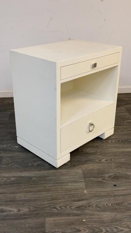 Bungalow 5 Two Drawer Side Table: Frances white two drawer side table by Bungalow 5. Label to the inside of top drawer. In overall good condition consistent with age and use. Measures approximately 29" high, 26-1/2" wide and 18" deep.