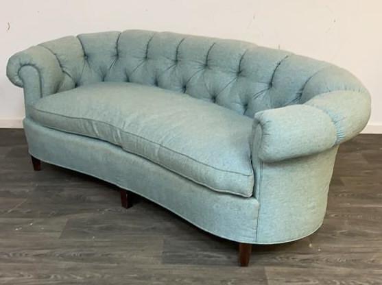 Button Tufted Upholstered Sofa: Button tufted light blue sofa. Unmarked. In overall good condition consistent with age and use. Measures approximately 31" high, 83" wide and 37" deep.