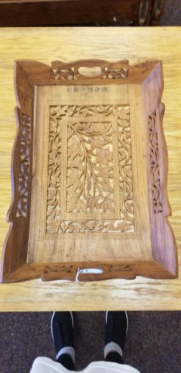 Reticulated Asian Wood Tray: Measures approximately 19-3/4" long and 13-1/4" wide.