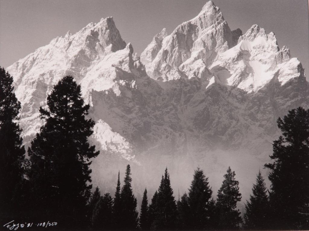 Fred Joy Photo Print: "Cathedral Peaks", Jackson Hole, Wyoming. Black and white image number, dated '81 and signed F. Joy (20th / 21st C, Wyoming). Information to back, Matted and framed under glass. Sight image measures a