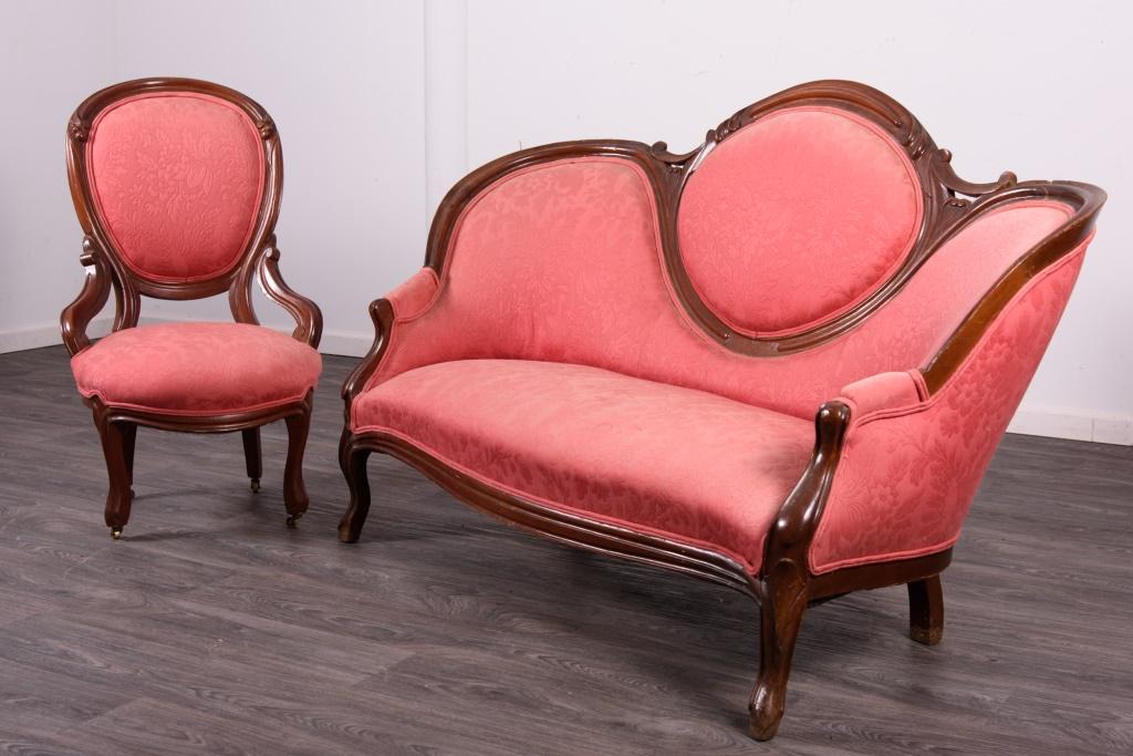 Mahogany Rococo Revival Sofa & Chair: 19th Century Rococo Revival sofa and chair constructed of mahogany frames and upholstered in rose brocade fabric. Condition consistent with age and use. Sofa measures 37-1/2” high and 61-1/2&rdq