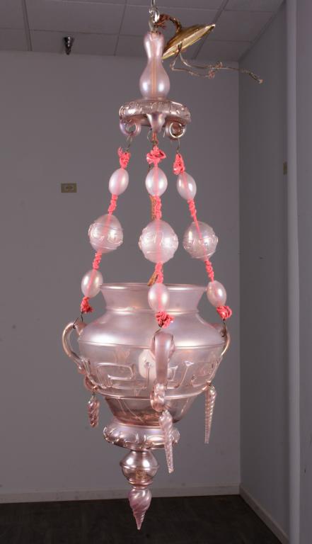 Art Deco Glass Hanging Lamp: Late 19th, Early 20th Century three pendant hanging lamp, the glass molded in a lilac color with applied Greek key design and spiral finial. Unobtrusive cracks and chips. Has not been tested. In need 
