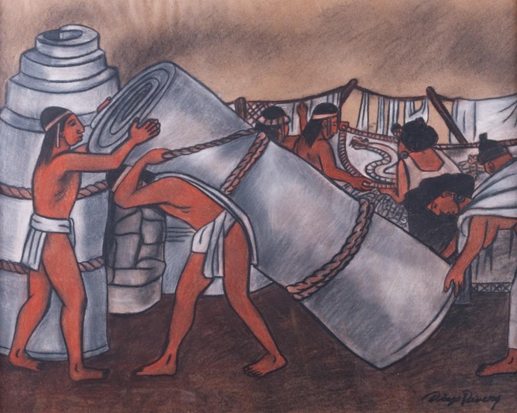 After Diego Rivera "Estudio Para Mural": After Diego Rivera (Mexico, 1886-1957) pastel and carbon on paper mural study depicting Mexican natives carrying rolled jute (yute) with a snake scene, signed "Diego Rivera" to the lower right hand si
