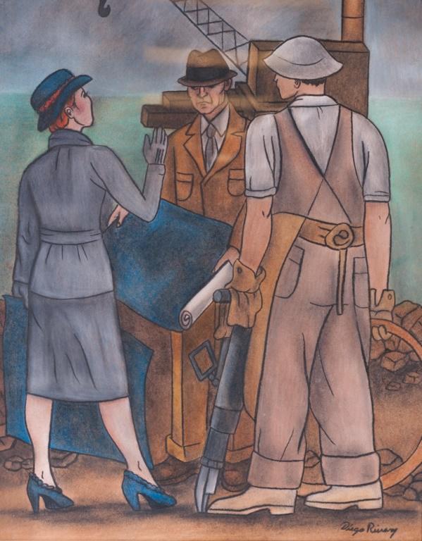 After Diego Rivera "Estudio Para Mural": After Diego Rivera (Mexico, 1886-1957) mixed media mural study depicting a female foreman at an industrial site. Signed "Diego Rivera" to the lower right hand corner of the image. Framed under plexigl