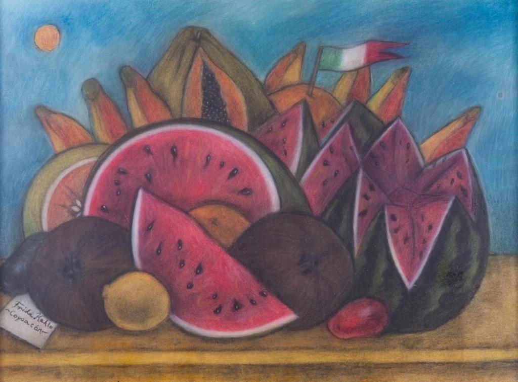 After Frida Kahlo Untitled Mixed Media: Frida Kahlo (Mexico, 1907-1954) pastel and charcoal drawing depicting a fruit still life featuring a small Mexican flag. Framed under glare resistant Plexiglass and signed "Frida Kahlo Coyoacan(a regi