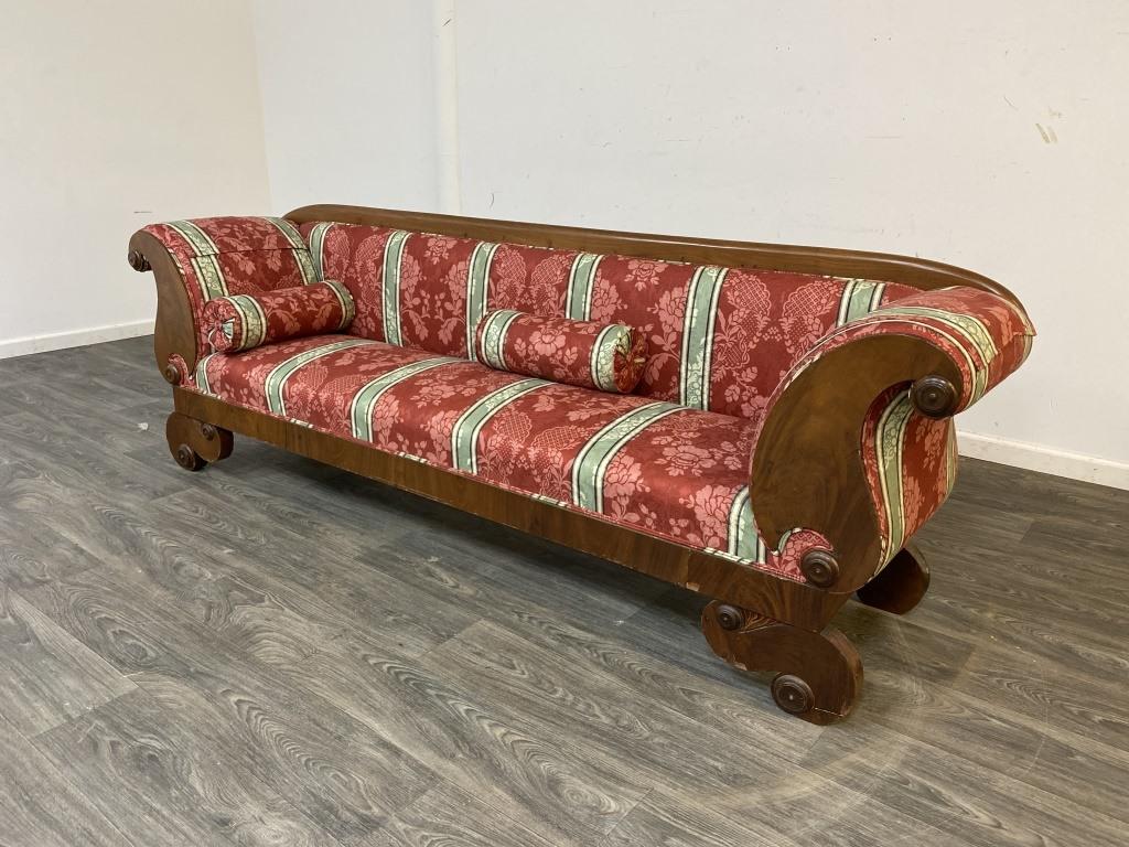 Empire Style Upholstered Sofa: Wood frame upholstered sofa. Measures approximately 31-3/4" high, 96" wide and 21-1/2" deep.