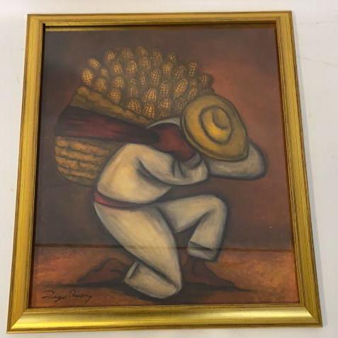 Diego Rivera "Cargador de Miaz" Painting: After Diego Rivera (Mexico, 1886-1957) depicting a man carrying corn. Framed and signed to lower left. To include certificate of authenticity. Measures approximately 22-1/8" in height by 18-1/2" in wi