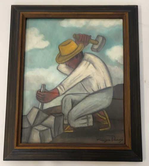 Diego Rivera "Picapedrero" Painting: After Diego Rivera (Mexico, 1886-1957) depicting a stone mason worker. Framed and signed to lower right. To include certificate of authenticity. Measures approximately 17-1/2" in height by 14-1/8" in