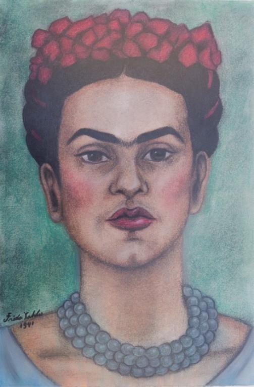 After Frida Kahlo "Autorretrato" Mixed Media: Frida Kahlo (Mexico, 1907 - 1954) unframed watercolor, pastel, & charcoal on paper depicting a portrait of Frida Kahlo and titled "Autorretrato", executed in 1941. Measures 18-1/2" in height with widt