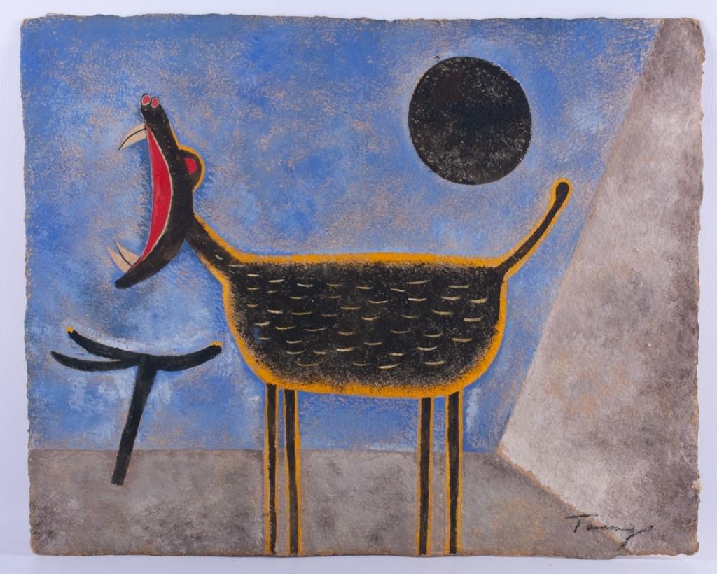 After Rufino Tamayo "Perro Aullando", Study: After Rufino Tamayo (New York/Mexico, 1899 - 1991) framed mixed media (probably tempera) on pulp board drawing study for the famous 1960 "Perro Aullando" depicting a wolf-like creature howling at the