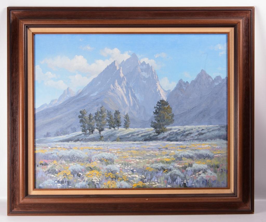 Robert Harper Oil on Canvas Painting: "Tetons from Jenny Lake Loop". Titled and signed to stretcher, front (b. 1951, Montana, Wyoming). Sight image measures approximately 24" in height and 30" in width. Frame Measures approximately 32" in