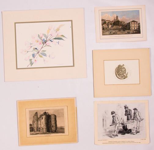 Five Mixed Artworks: Floral watercolor signed Win Webber, engraving of Ipres Tower, the Prison at Rye, a British magazine print, a color print of the cathedral of Lausanne and a funny engraving titled "Wagner is Better Th
