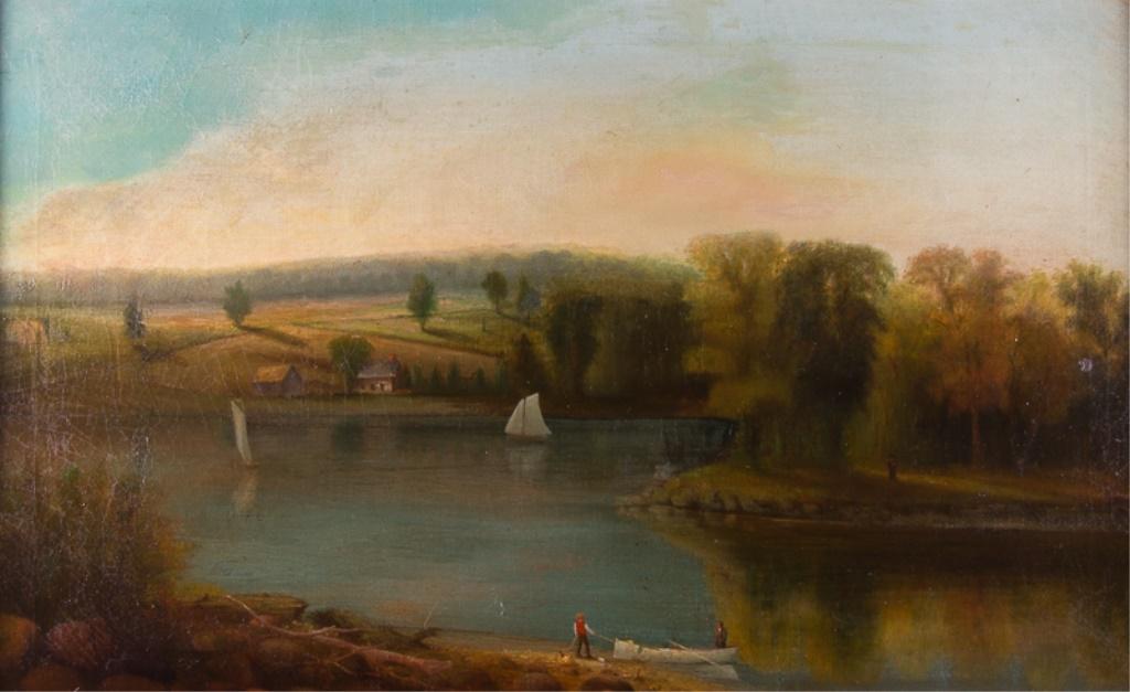 Franklin De Haven Landscape Oil on Canvas: Benjamin Franklin De Haven (American, 1856-1934) oil on canvas of a waterfront scene, possibly in Maine, and in the style of Fitz Hugh Lane; signed and dated to lower left "De Haven 1874"; linen matte