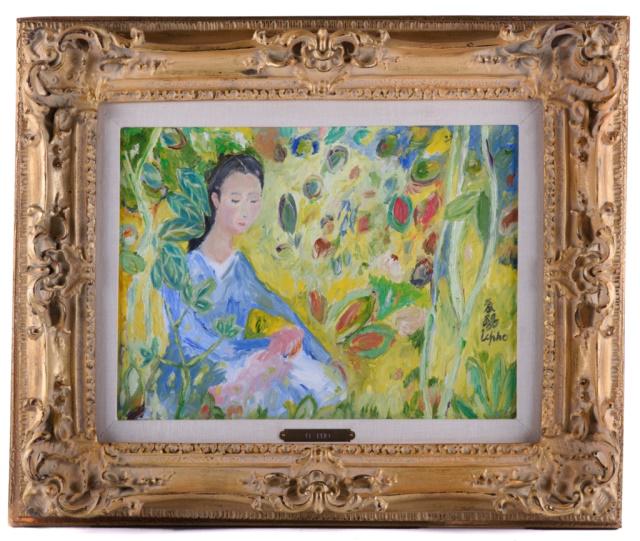 After Le Pho Oil on Canvas Painting: Two figures in a garden of flowers, one larger to the upper left, one smaller almost hidden, to the center. Signed right side in character marks and Le Pho (1907-2001, Vietnam, France, California). Fr