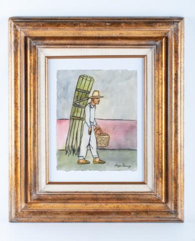After Diego Rivera Attributed Male Worker: Diego Rivera (Mexico, 1886-1957) attributed framed watercolor drawing on paper depicting a man with a sugar cane bale on his back , signed to the lower right "Diego Rivera". Vintage painted wood frame