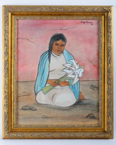 After D. Rivera "Vendedora de Flores": Diego Rivera (Mexico, 1886-1957) attributed framed watercolor on paper drawing depicting a portrait of a young girl selling flowers with braided hair, signed and dated to the upper right "Diego Rivera