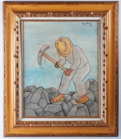 After Diego Rivera "Picapedrero" Watercolor: Diego Rivera (Mexico, 1886-1957) attributed framed watercolor drawing on paper depicting a man breaking rocks with a pick axe (otherwise known as a picapedrero), signed and dated to the upper right "D