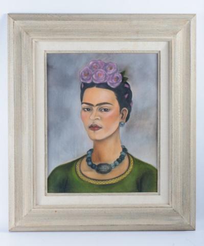 After Frida Kahlo "Autorretrato" Drawing: In the manner of Frida Kahlo (Mexico, 1907-1954) framed mixed media on paper self-portrait drawing of Frida Kahlo herself with a pink floral headdress, signed to lower center "Frida Kahlo". Wood frame
