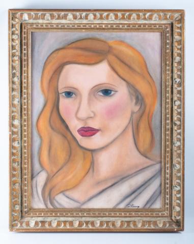 After Diego Rivera Veronica Lake Portrait: Diego Rivera (Mexico, 1886-1957) attributed framed mixed drawing on paper circa 1950s depicting the iconic 1940s actress Veronica Lake , signed to the lower right "D. Rivera". Vintage painted and carv
