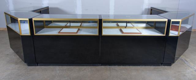 Grice Jewelry Display Cabinets: Set of six Grice Showcase & Display Mfg., Inc. Marked to inside with a paper label. Having a single key with a rear bottom cabinet and lock under a top cabinet, with sliding drawers and a front light 