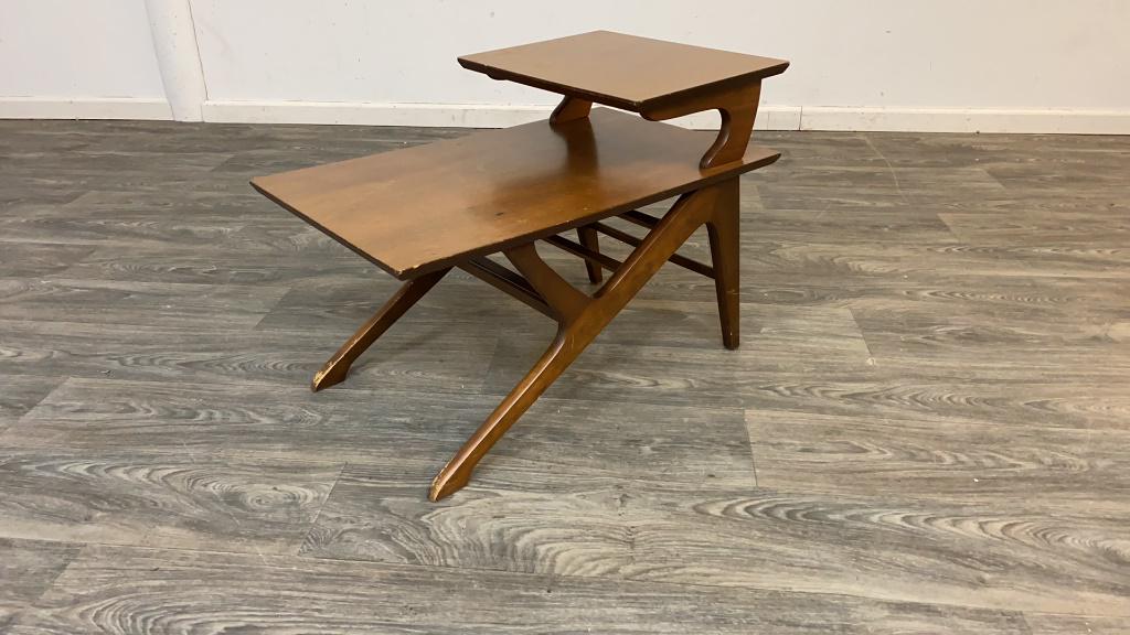 Two Tier Side Table: Measures approximately 21" high, 18" wide and 29" long.