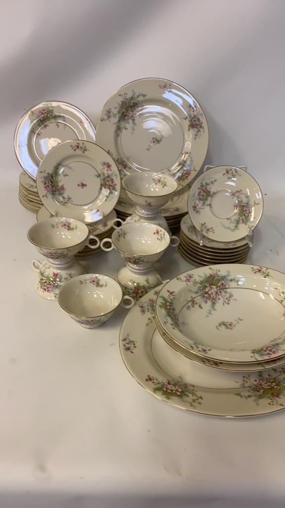 Haviland Apple Blossom Porcelain China: Theodore Haviland porcelain with apple blossom pattern. All marked to the bottom. Dinner plate measures approximately 10-1/8" in diameter.