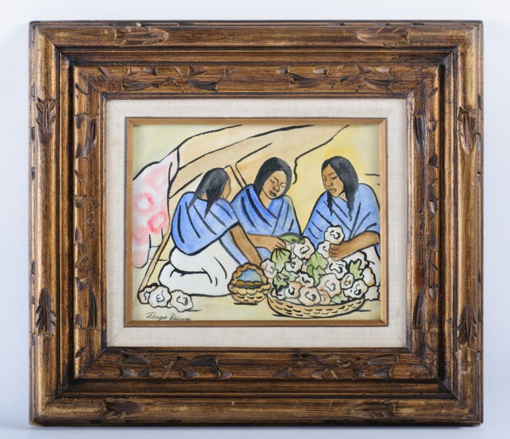 After Diego Rivera (School Of), Vendedoras: After Diego Rivera (Mexico, 1886-1957) school framed watercolor drawing on paper depicting three female flower vendors (vendedoras), signed to the lower left "Diego Rivera". Vintage wood frame (with g