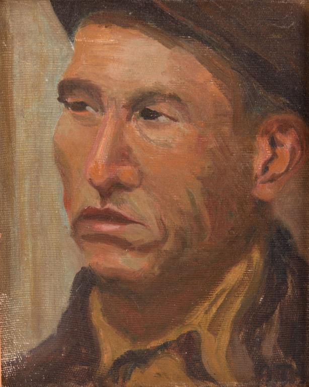 Oil on Board Painting of a Man: Unsigned. Oak framed, backed with Masonite. Sight Image measures approximately 9-1/2' in height and 7-3/4" in width. Frame measures approximately 14-1/4' in height and 12-1/4" in width.