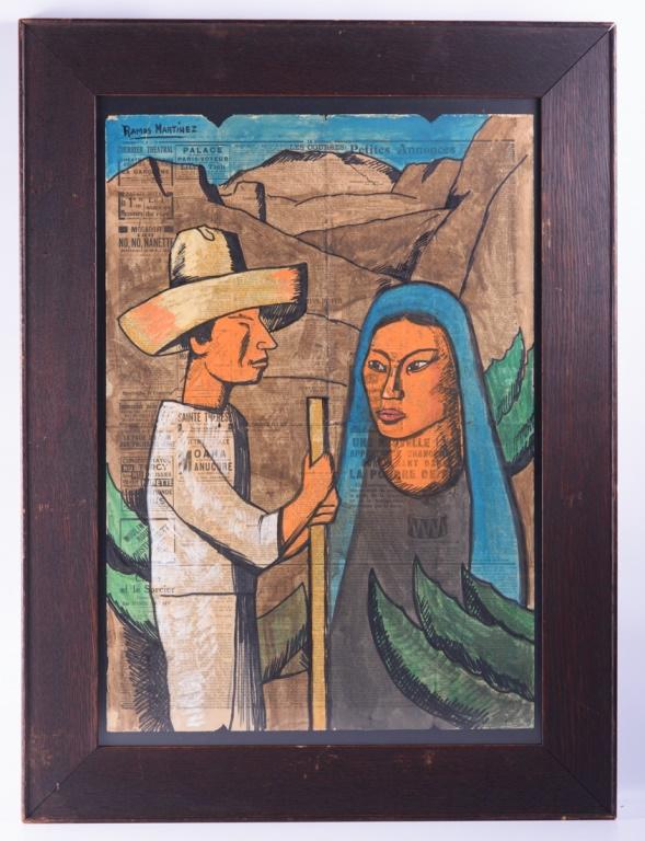 Alfredo Ramos Martinez Mixed Media On Newsprint: Alfredo Ramos Martinez (California, Mexico, 1871 - 1946) framed mixed media on newsprint pastel, paint and ink drawing of a man and woman, signed to upper left "Ramos Martinez". Framed under glass. Fr