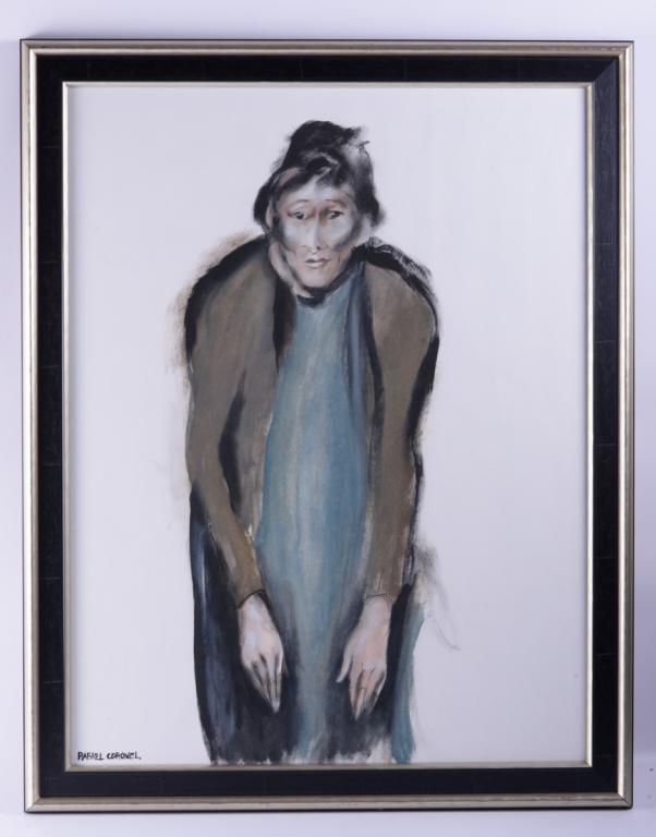 Signed Rafael Coronel Female Portrait: Framed portrait gouache on paper of a woman, signed to lower left "Rafael Coronel". Frame (with glass pane) measures 28-1/2" in height by 23" in width with a sight image of 25" in height by 19-1/3" in