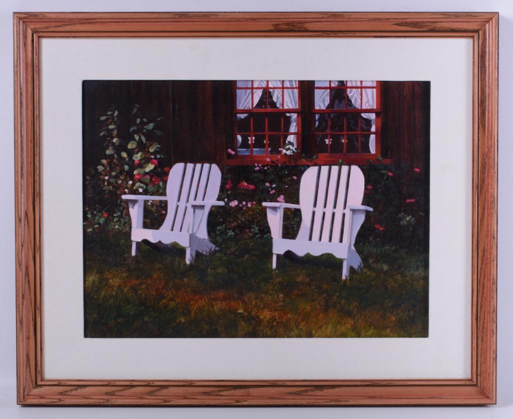 Bruce Peeso Oil on Paper on Masonite: Bruce Peeso (Ohio, 20th / 21st C) oil on paper on Masonite of lawn chairs and rose bushes. Signed lower right Peeso. Panel measures approximately 12” in height by 16” in width.
