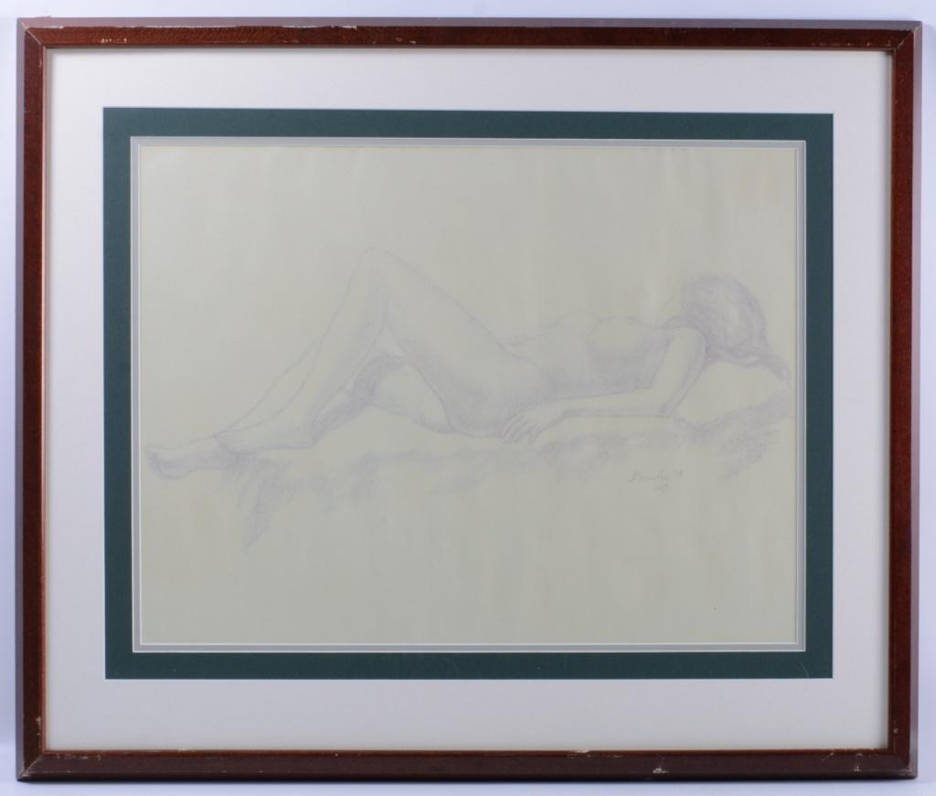 Crawley Sketch of Reclining Nude: Sketch of a reclining nude signed beneath the subject Crawley â€˜74, probably Wesley V. Crawley (Ohio, North Carolina, 1922-1985). Matted and framed under glass. Sight image measures approximately
