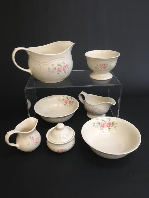 Pfaltzgraff Tea Rose Set: To include: One pitcher, One gravy boat, One cream and sugar, One footed bowl and Two vegetable bowls. Pitcher measures approximately 6" high and 11" across. Mark to bottom.
