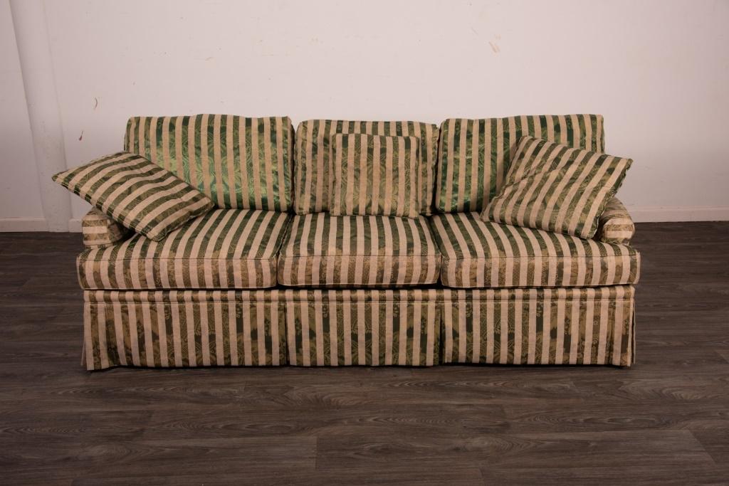 Michael Thomas Triple Sofa: Upholstered in green and ivory strip material. Measures approximately 29" high, 78" wide and 37" deep.